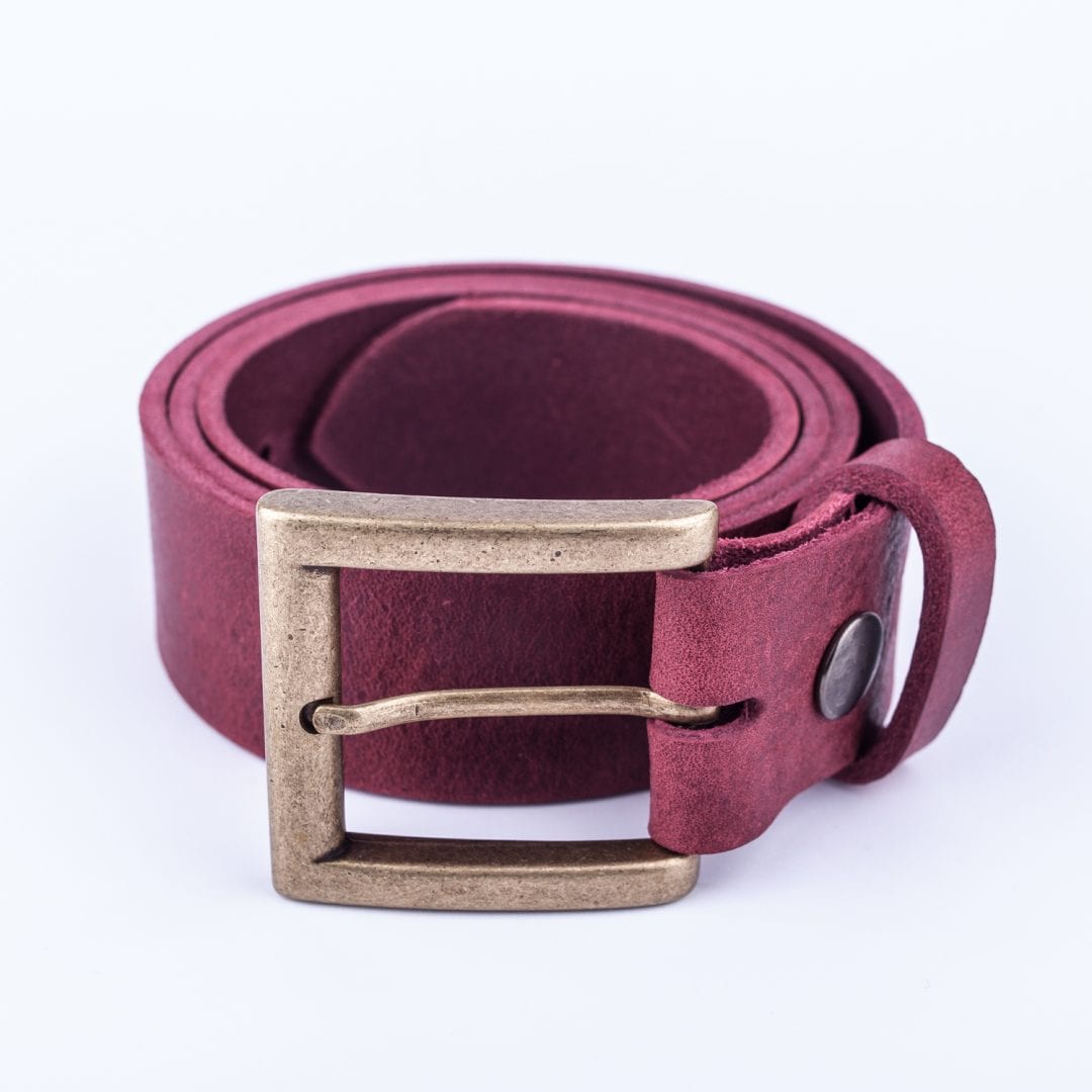 Mens burgundy leather jeans belt with brushed brass buckle - Hip ...