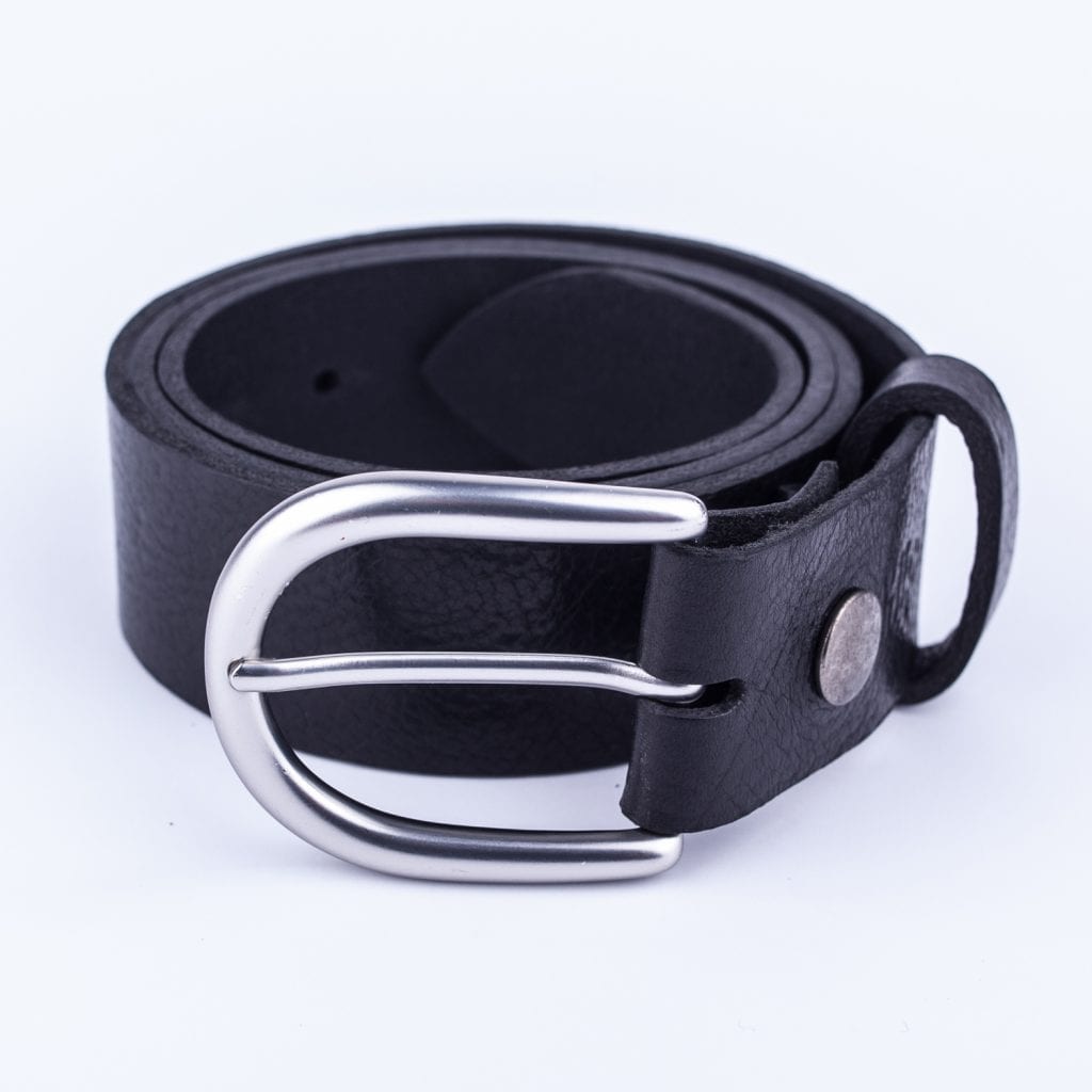 Womens Black Leather Jeans Belt With Brushed Silver Buck