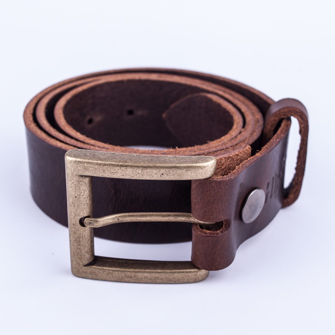 Mens dark brown leather jeans belt with brushed brass buckle - Hip ...