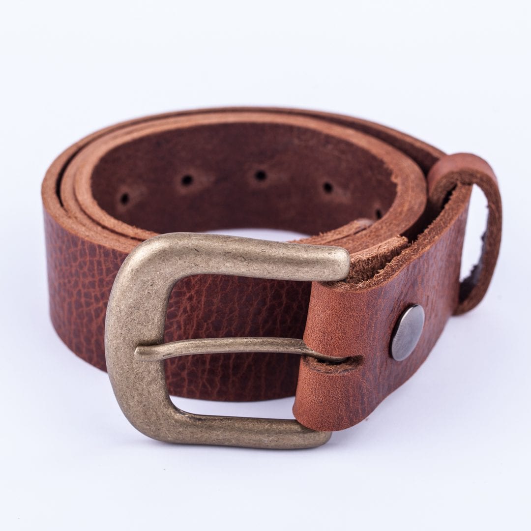 Mens mid brown leather jeans belt with brushed brass buckle - Hip ...