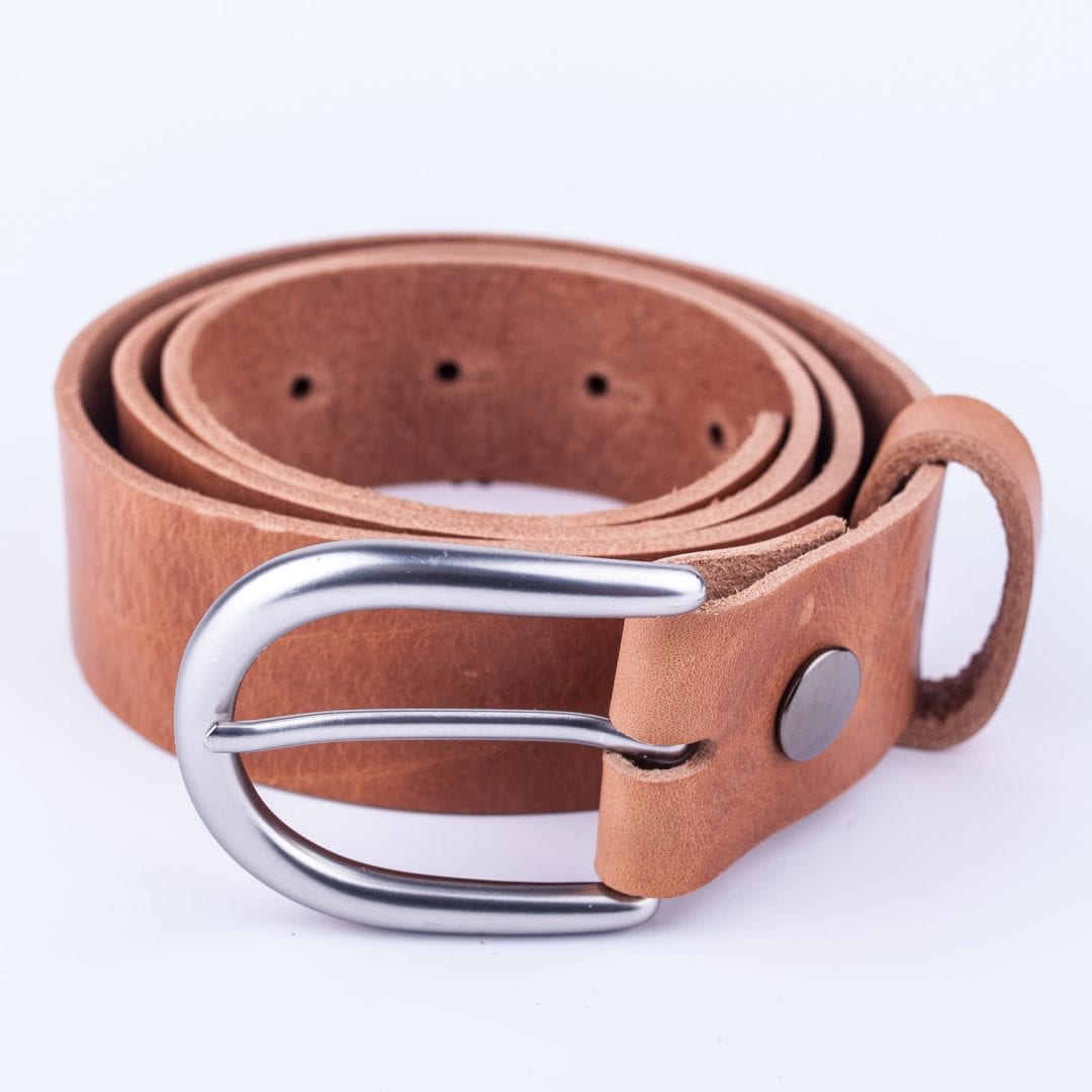 Womens tan leather jeans belt with brushed silver buckle - Hip ...