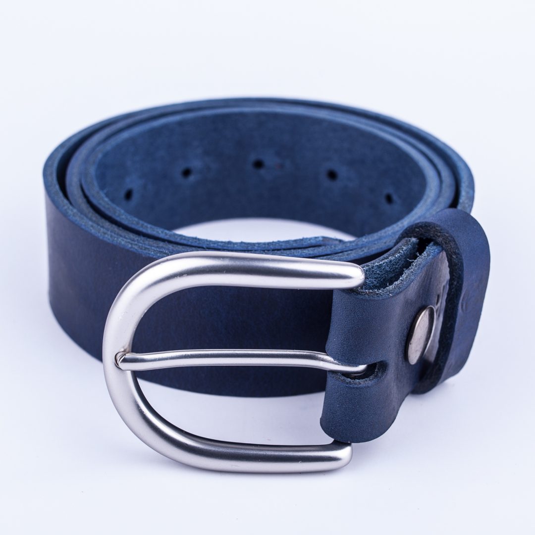 Womens blue leather jeans belt with brushed silver buckle - Hip