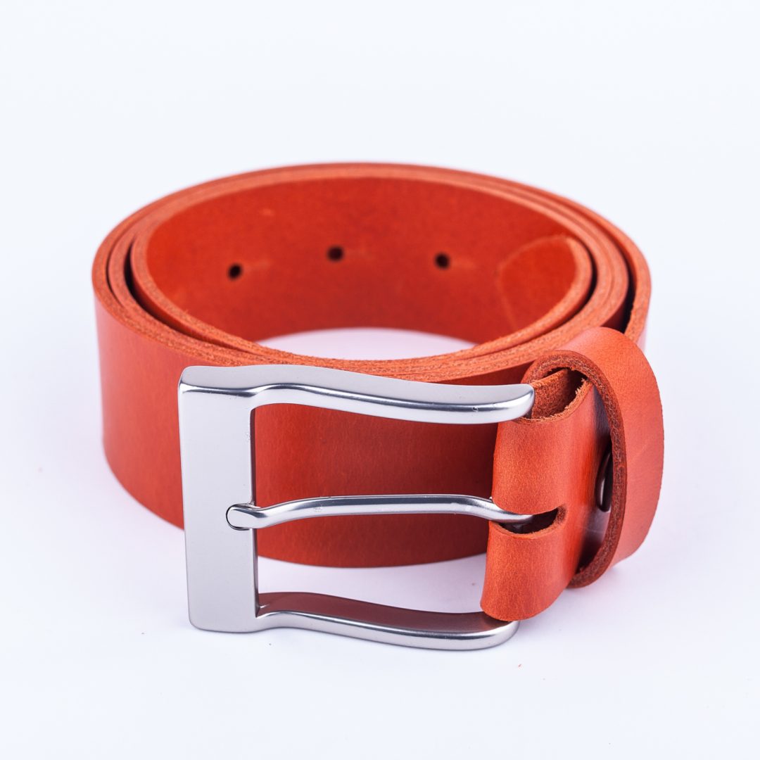 Mens orange leather jeans belt with brushed silver buckle - Hip ...