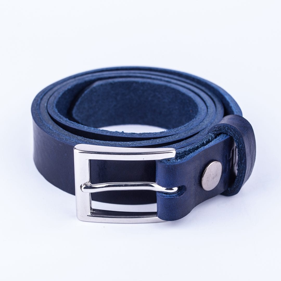 Mens blue leather dress belt with chrome buckle - Hip & Waisted | Belts ...