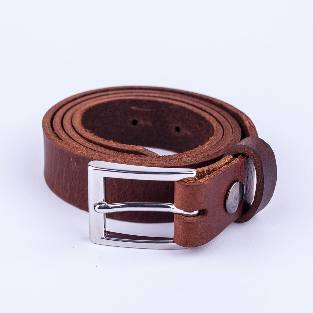 Mens mid brown leather dress belt with chrome buckle - Hip & Waisted ...