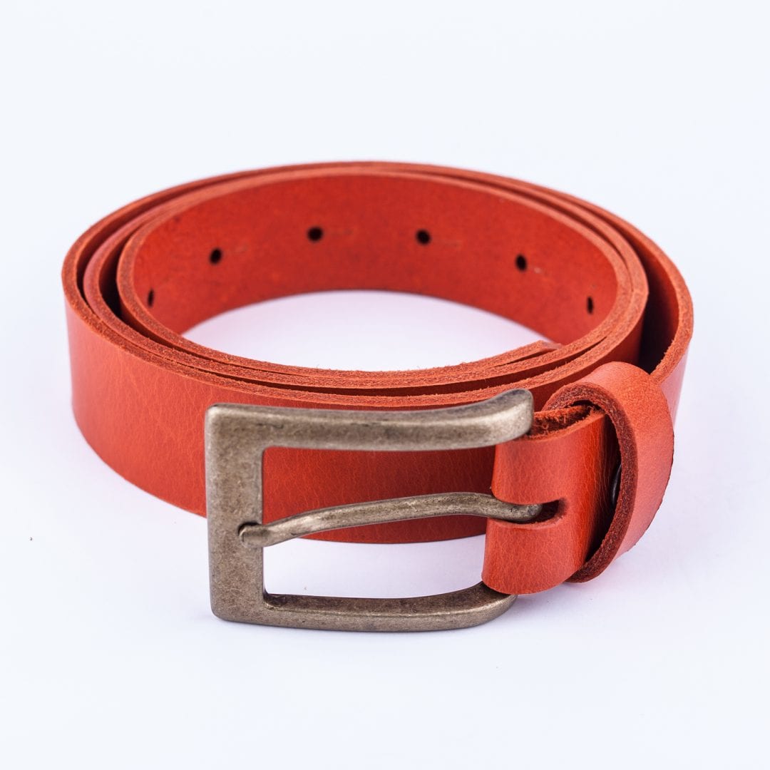 Mens orange leather dress belt with brushed brass buckle - Hip ...