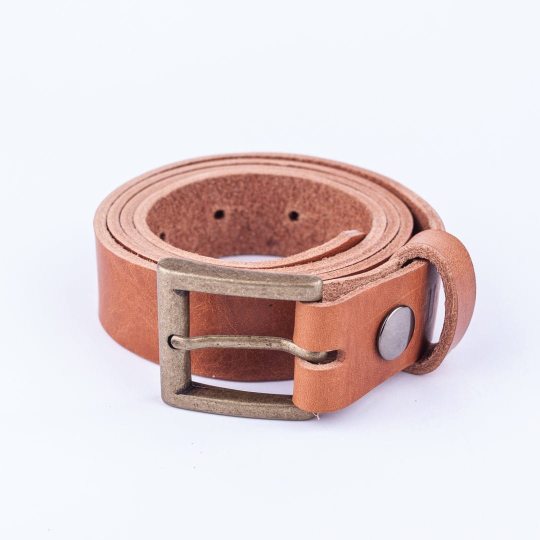 Womens tan leather dress belt with brushed brass buckle - Hip & Waisted ...