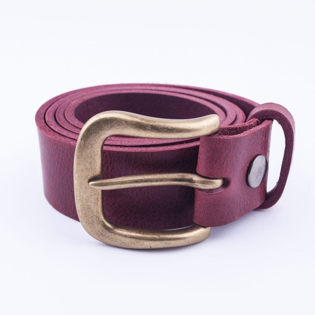 Mens burgundy leather jeans belt with brushed brass buckle - Hip ...