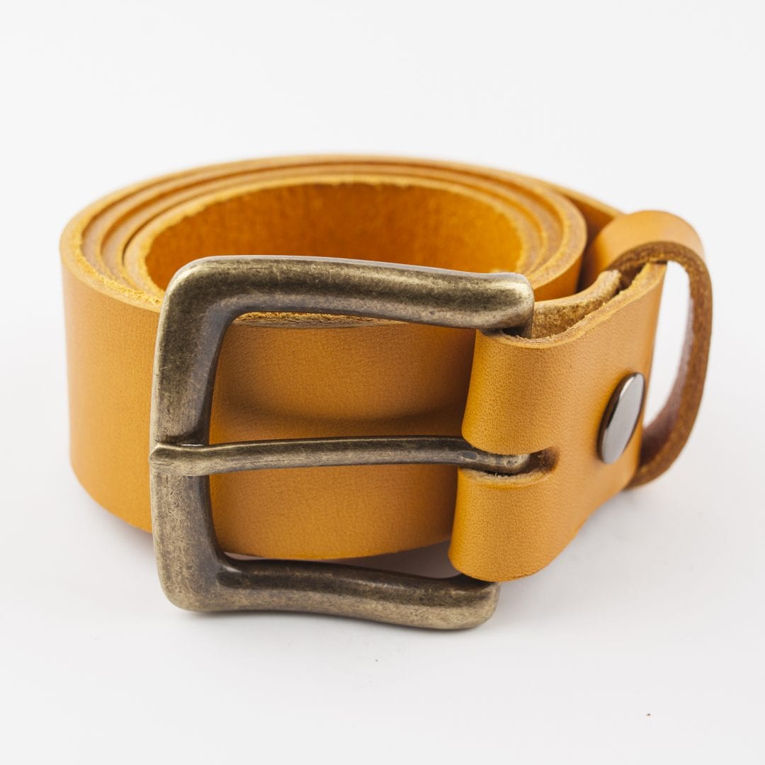 Mens yellow leather jeans belt with brushed brass buckle - Hip ...