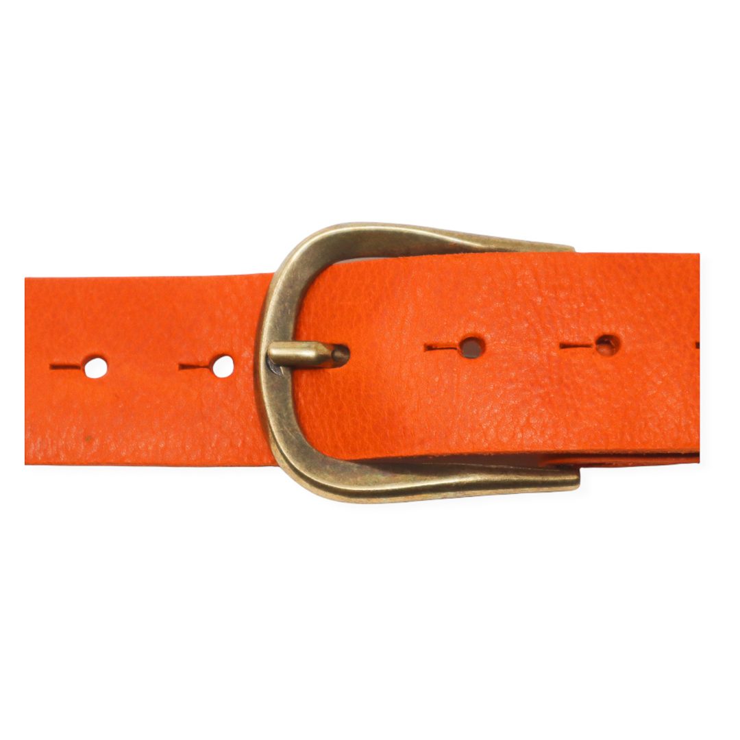 Womens orange leather jeans belt with brushed brass buckle - Hip ...