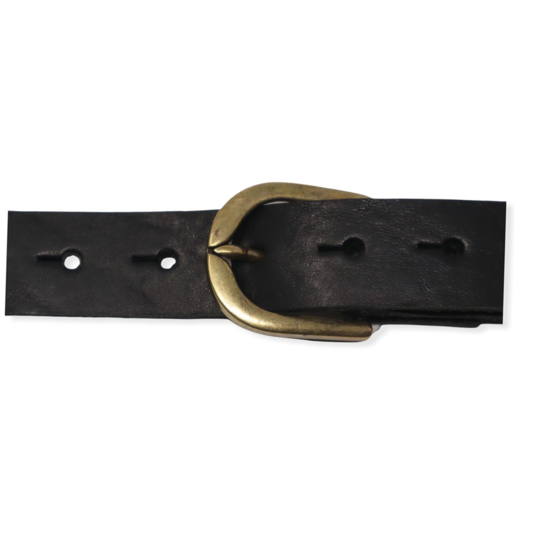 Womens black leather dress belt with brushed brass buckle - Hip ...