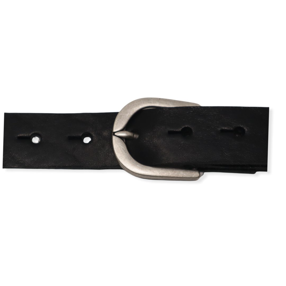 Womens black leather dress belt with brushed silver buckle - Hip ...