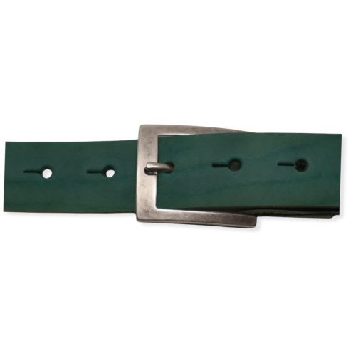 Mens teal leather dress belt with brushed silver buckle