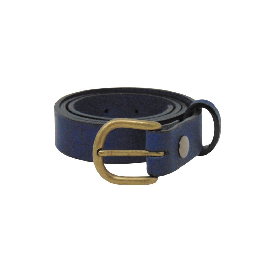 Womens blue leather dress belt with a brushed brass buckle - Hip ...